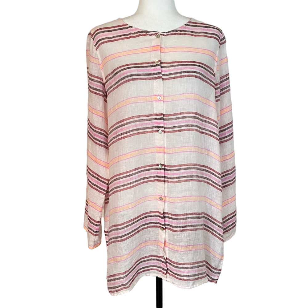 St. Tropez Women's 100% Linen Pink Striped Pearl Button Tunic Top M Beachy